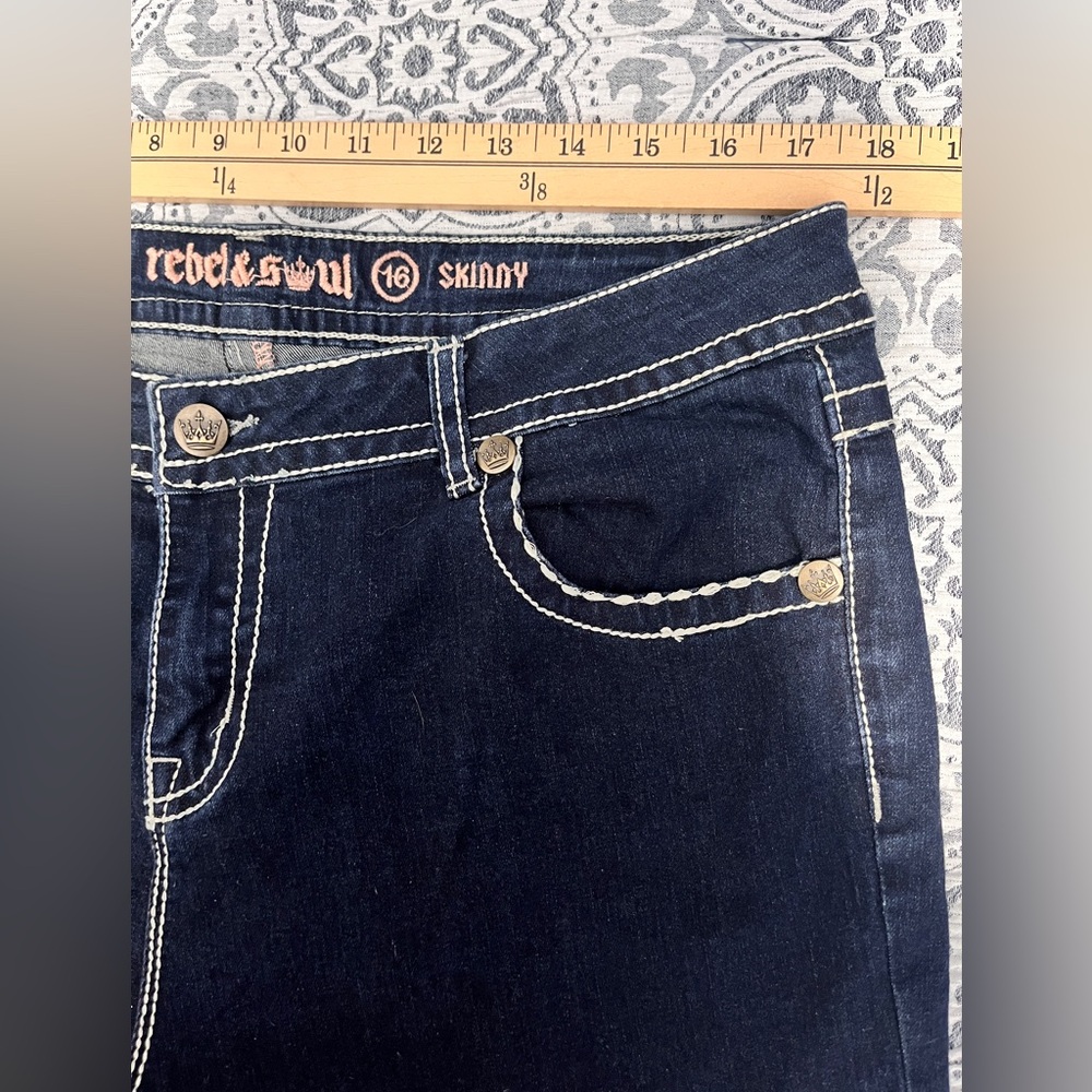 Rebel & Soul Y2K Dark Indigo Skinny Rhinestone Jeans sz 16 - Picture 7 of 11